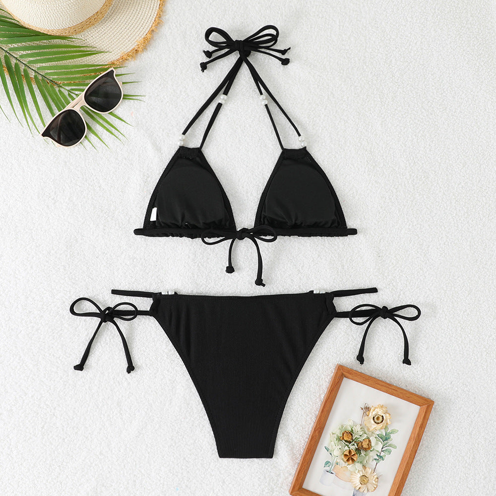 Pearl Strap Hollow-Out Bikini Set – Sexy Three-Piece Women's Swimwear