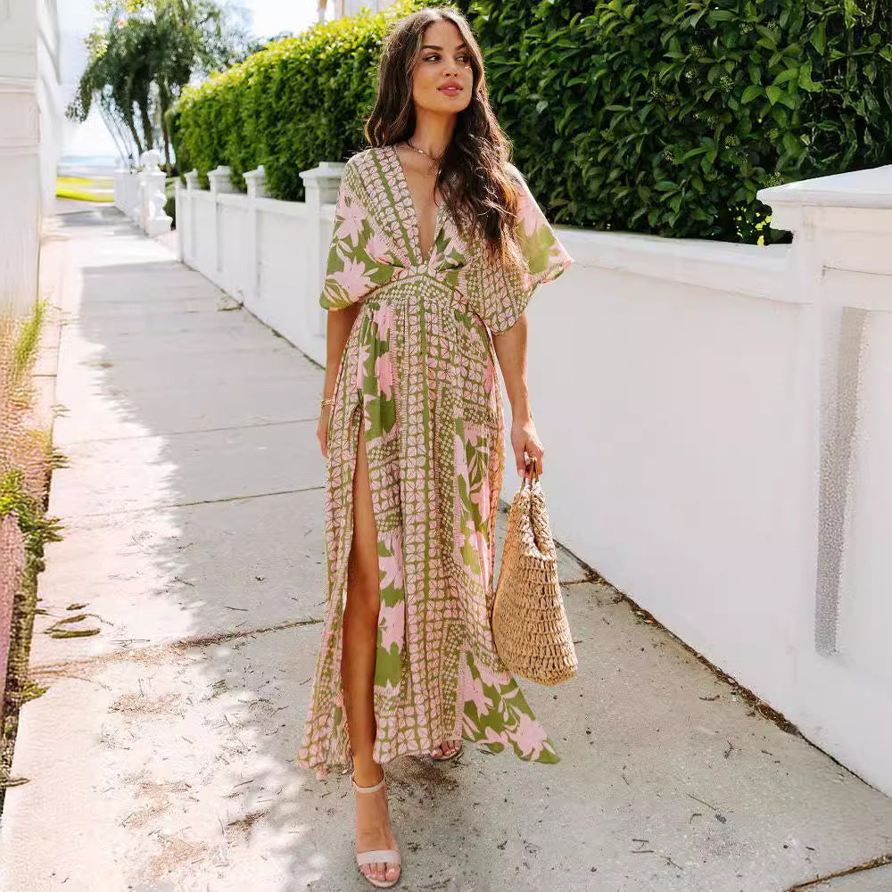 Women's Summer New Fashion Sexy High Waist Floral Print Slit Dress