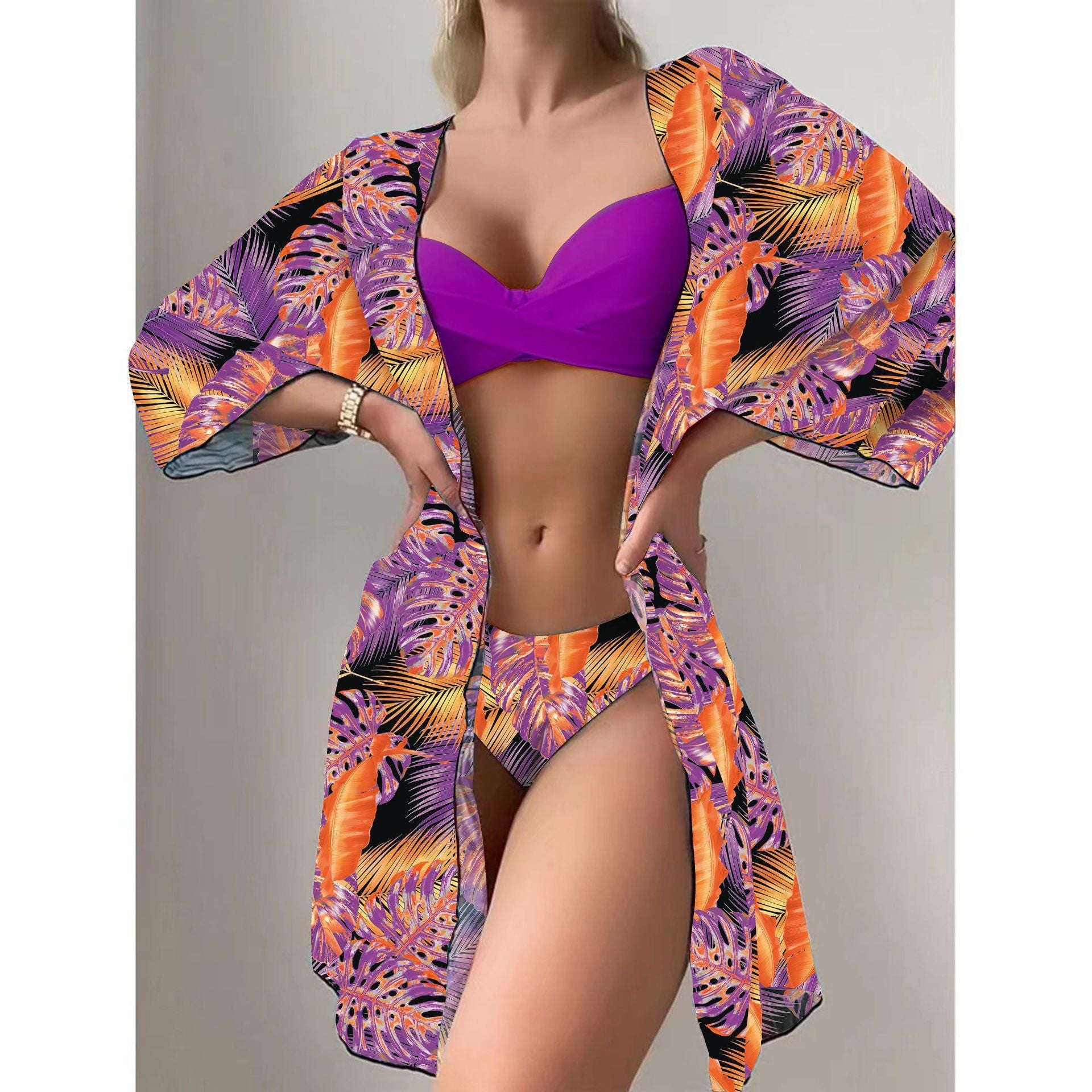 Women's 3-Piece Mesh Long Sleeve Cover-Up – Beach Bikini Set