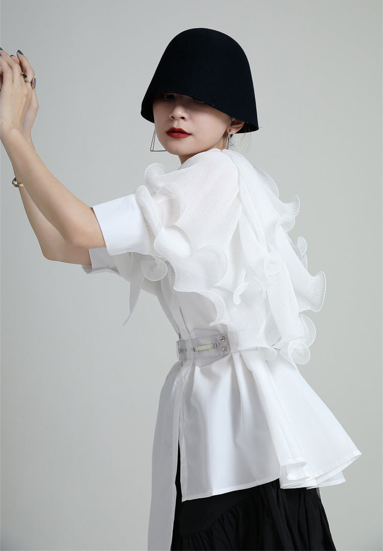 Summer Asymmetrical Bubble Sleeve Shirt Dress with Peplum Waist & Patchwork Design