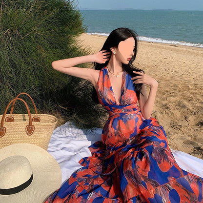 Halter Neck Printed Maxi Dress – High Waist, Backless Beach Cover-Up
