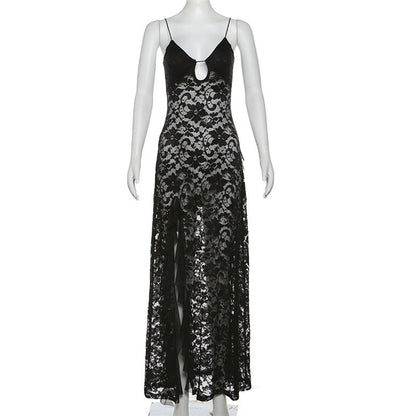 Summer Black Slim Fit High Waist V-Neck Mesh Slip Dress