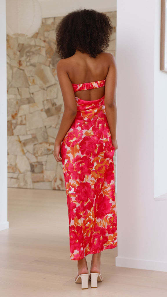 Elegant Satin Bandage Backless Tube Dress with Floral Print