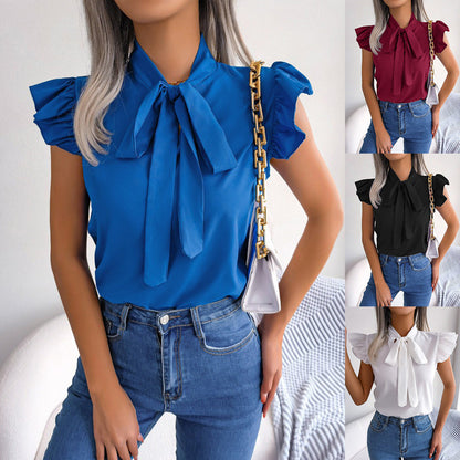 Solid Color Ruffled Tie-Bow Blouse – Elegant Women’s Shirt