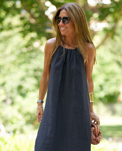 Off-Shoulder Linen Summer Dress – Boho Split Hem Vacation Dress