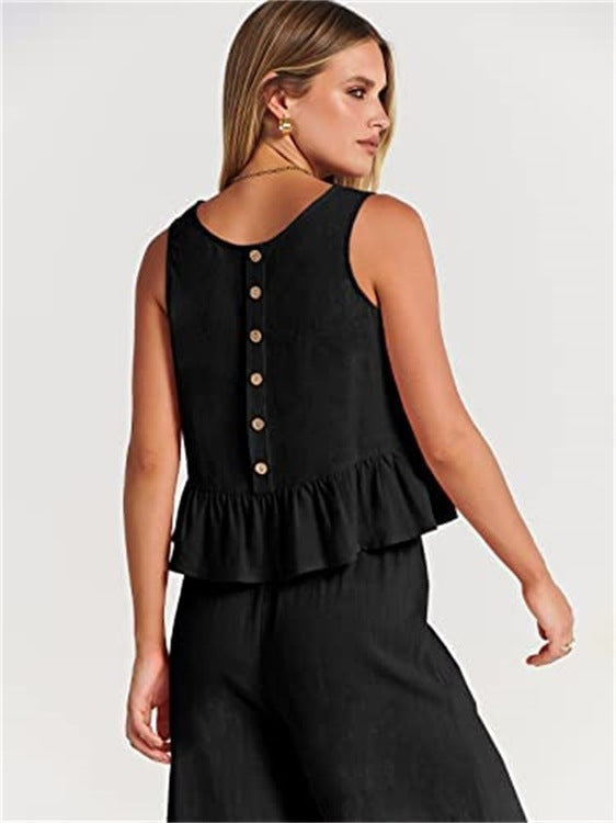 Women's Summer Sleeveless Pleated Vest & Wide-Leg Cropped Pants Casual Set