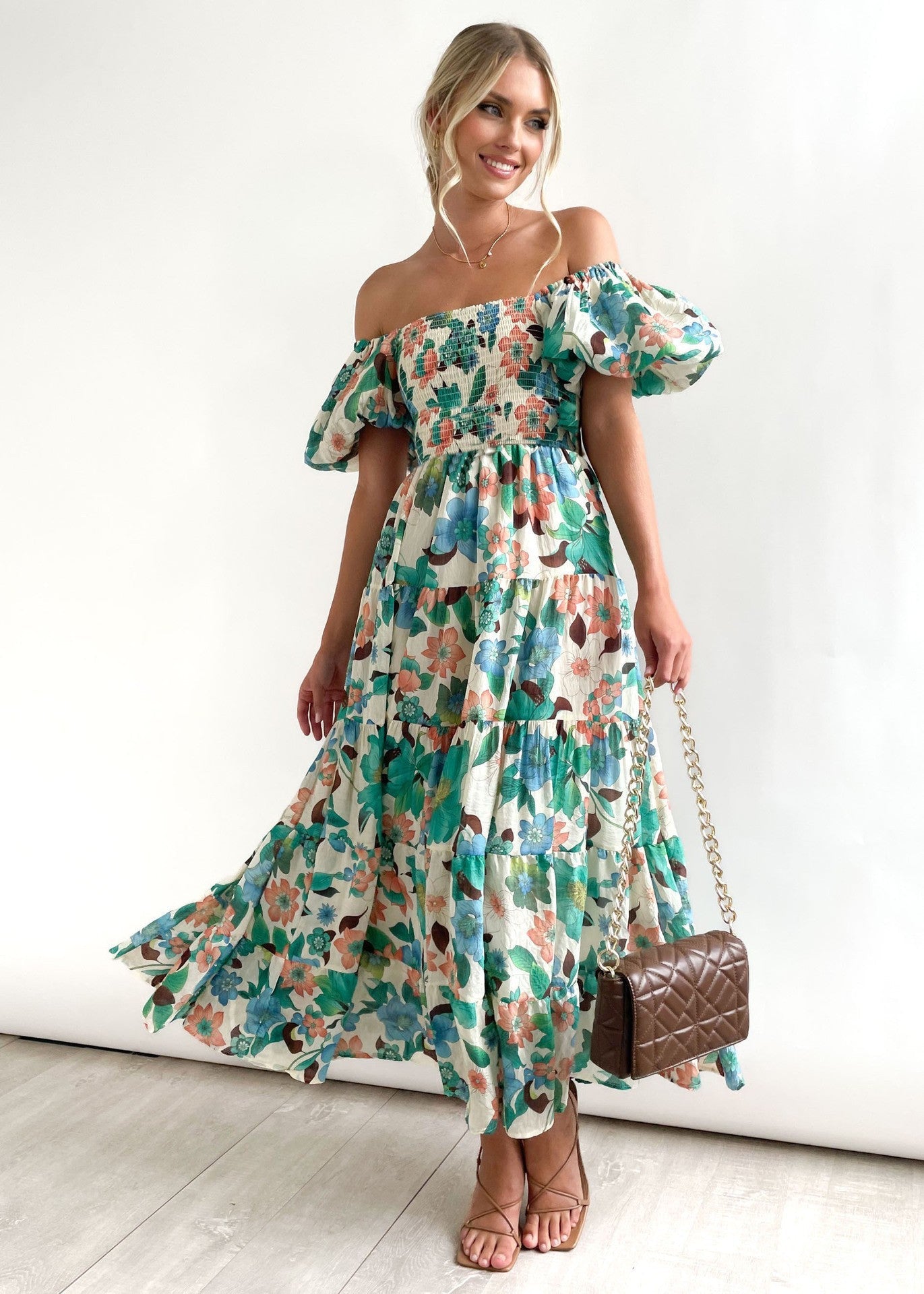 Women's Off-Shoulder Lantern Sleeve High Waist Summer Dress-suit color-S-Free Shipping Leatheretro