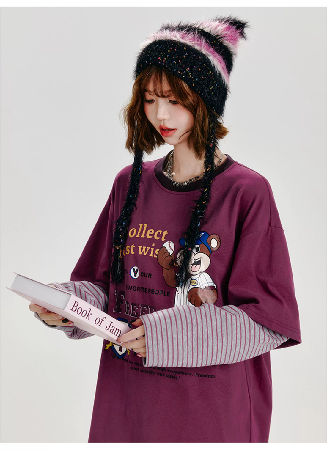 Girlyhalo Retro Two-Tone Long Sleeve T-Shirt for Women-Purple-S-Free Shipping Leatheretro