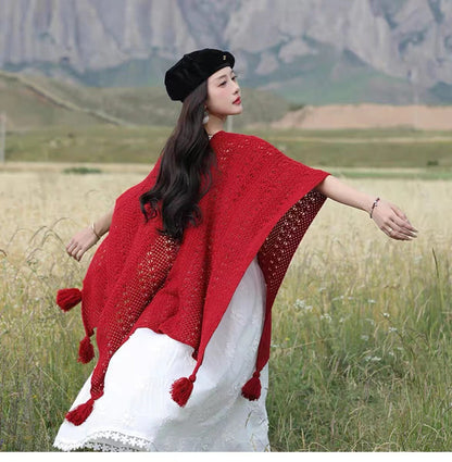 Boho Chic Knit Fringe Shawl – Ethnic Travel Wrap with Slit for Women