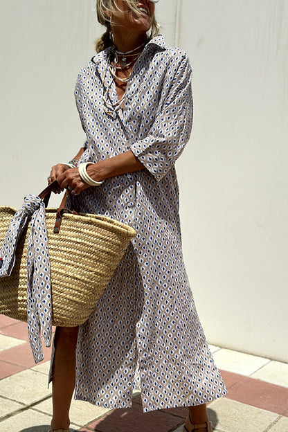 Women's half Sleeve Striped Button-Down Shirt Dress with Lapel Collar