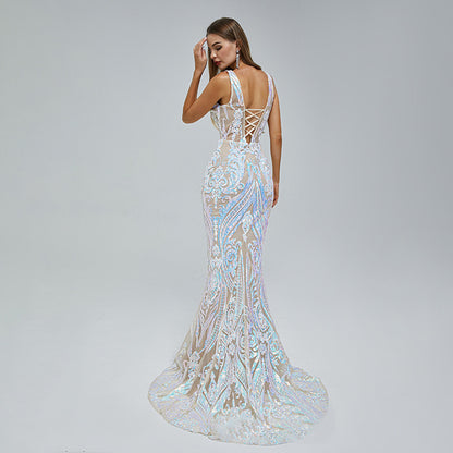 Sexy V Neck Sequined Sleeveless Evening Dresses