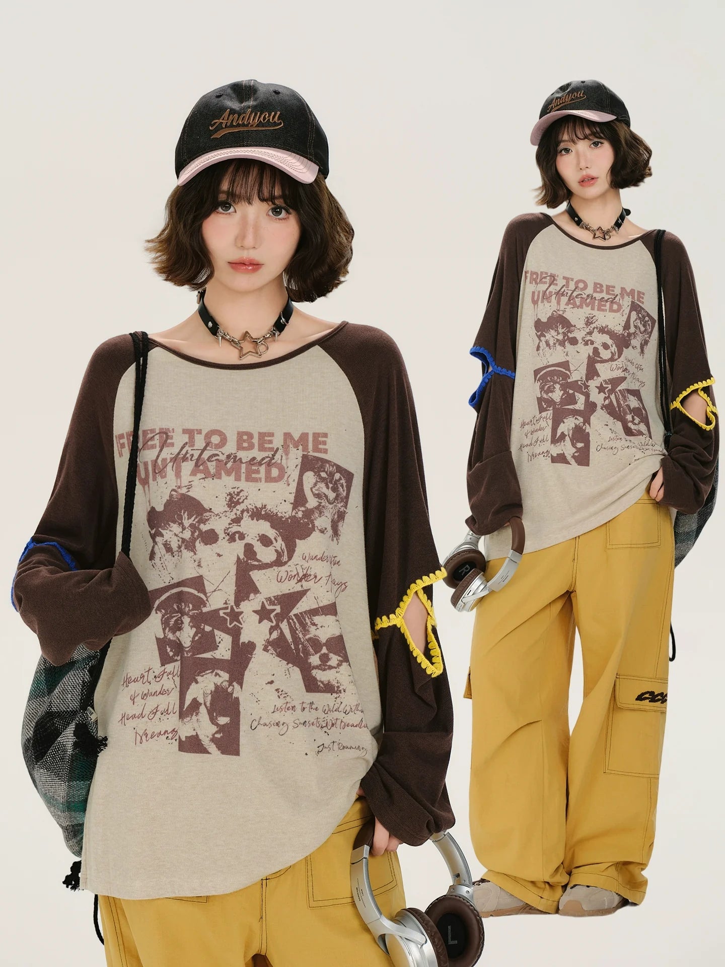 Girlyhalo Retro Print Color-Block Long Sleeve T-Shirt