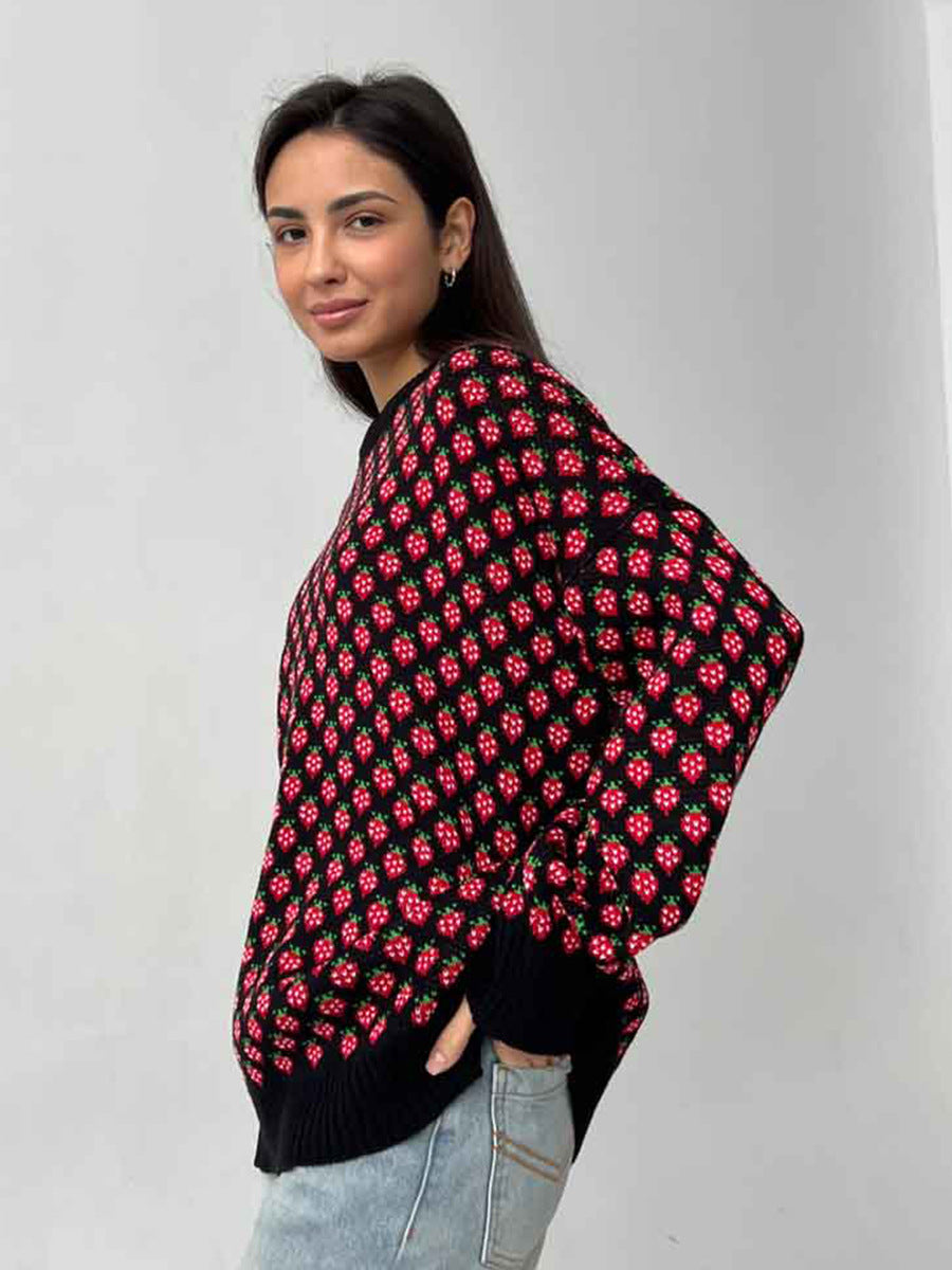 Oversized Strawberry Print Sweater
