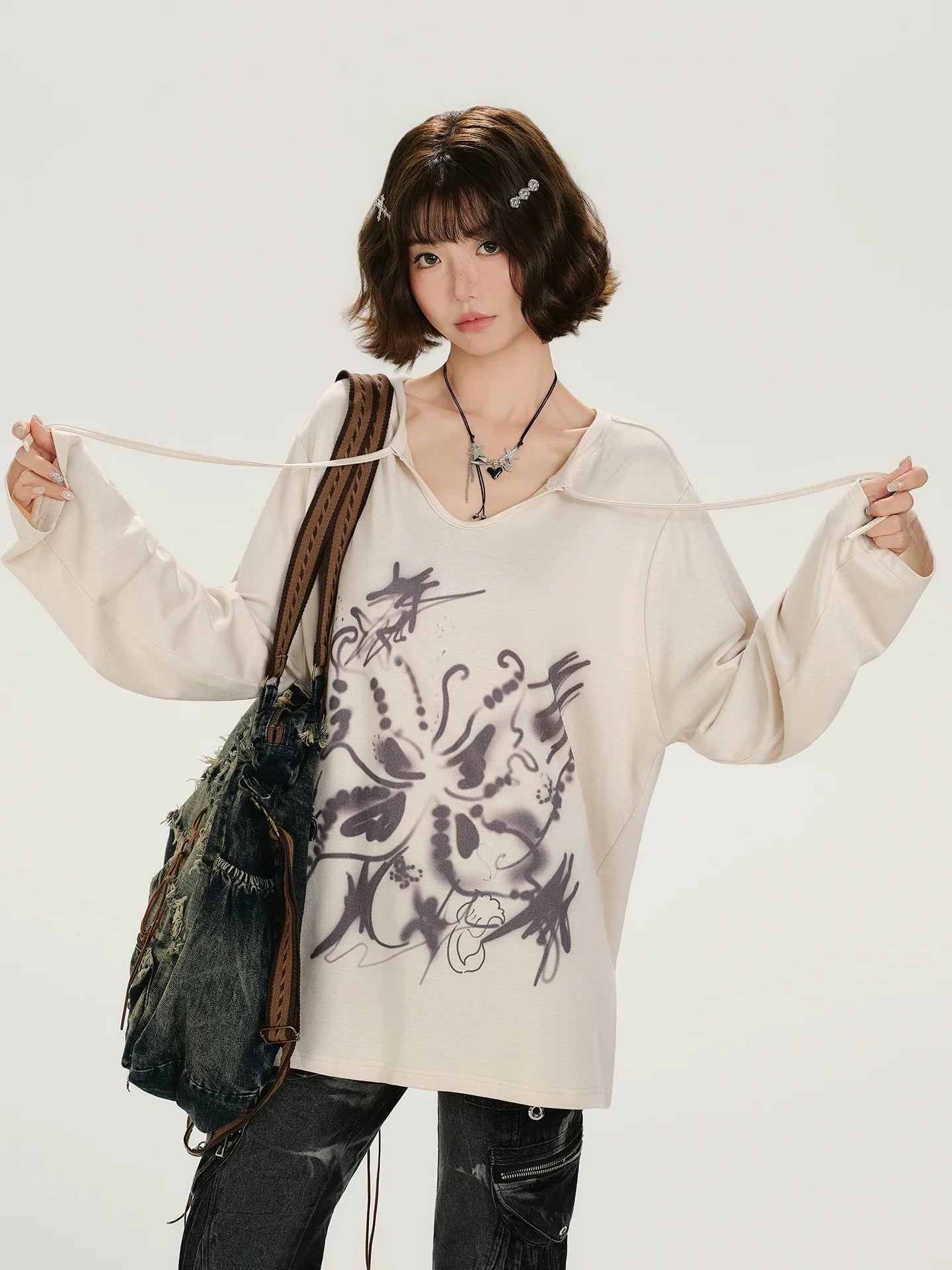 Girlyhalo Retro Print Long Sleeve T-Shirt