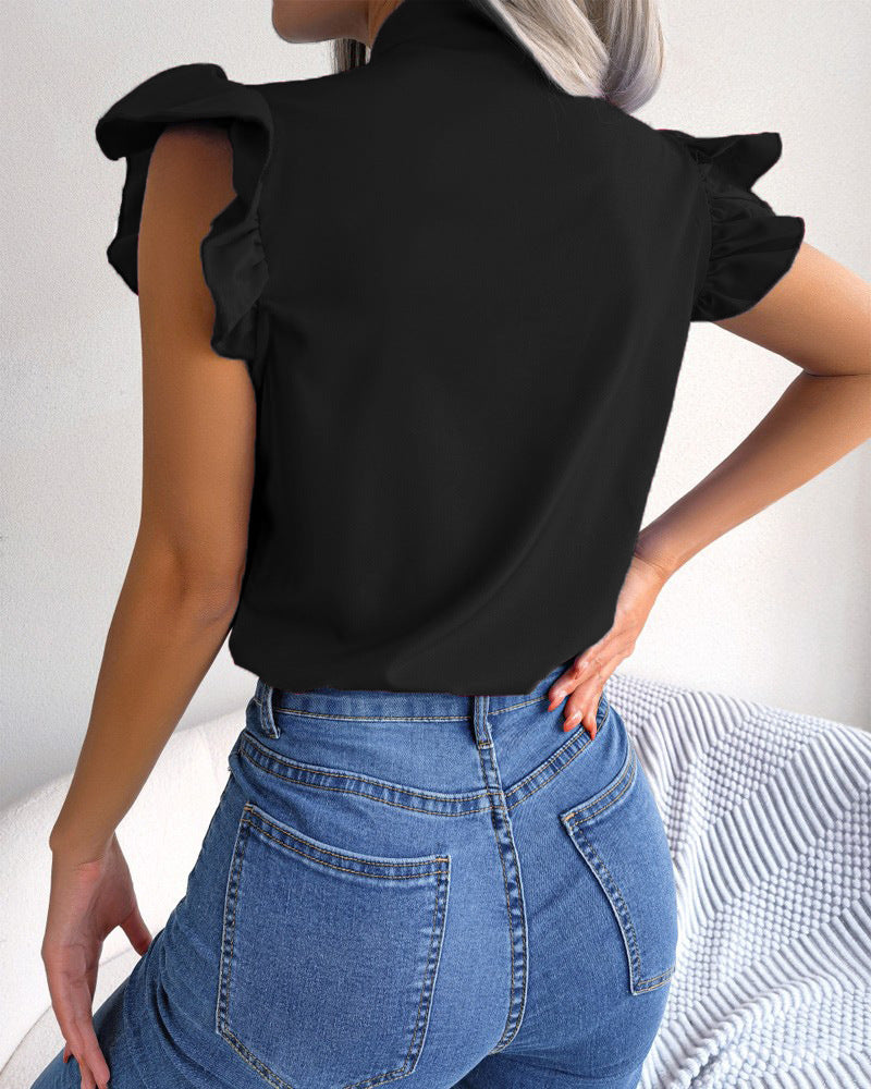 Solid Color Ruffled Tie-Bow Blouse – Elegant Women’s Shirt