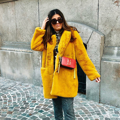 Luxury Faux Fur Coat – Winter Warm Thick Plush Oversized Jacket with Lapel Collar