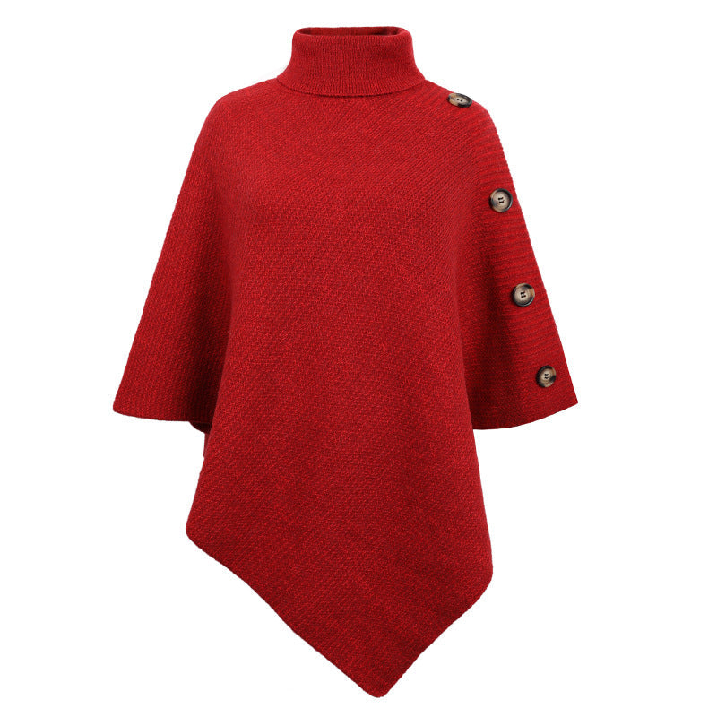 High-Neck Cape Sweater – Solid Color Knit Poncho Cross-Border Pullover