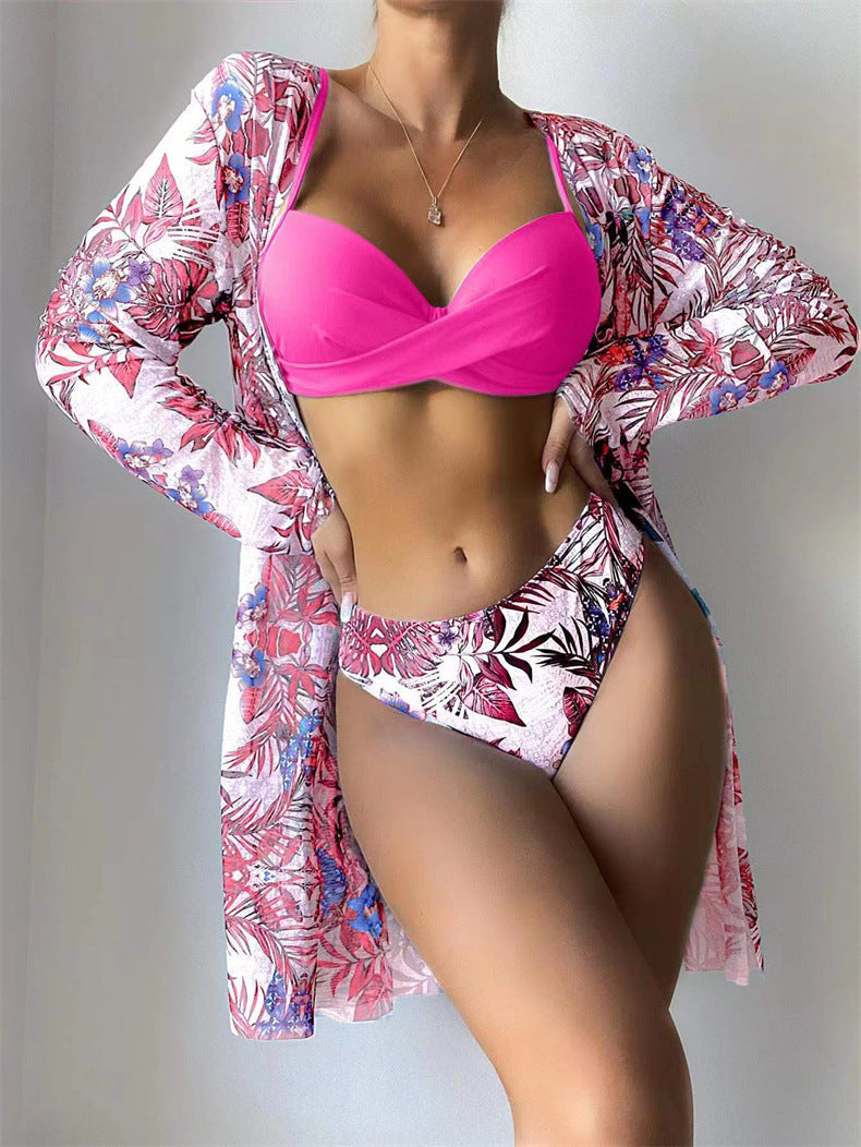 Women's 3-Piece Mesh Long Sleeve Cover-Up – Beach Bikini Set