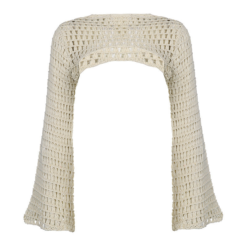 Trendy Hollow-Out Knit Crop Top – Stylish Short Sleeve Mesh Bolero for Streetweat