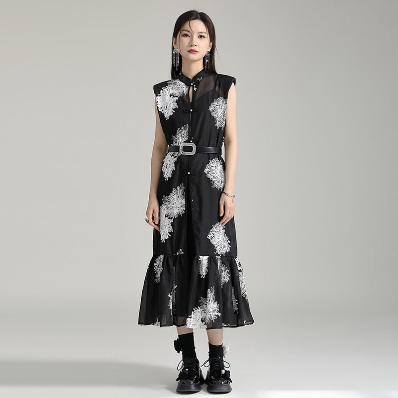 Vintage Embroidery Sleeveless Long Black Dresses with Belt-Dresses-Cardigan+Dress+Belt-One Size-Free Shipping at meselling99