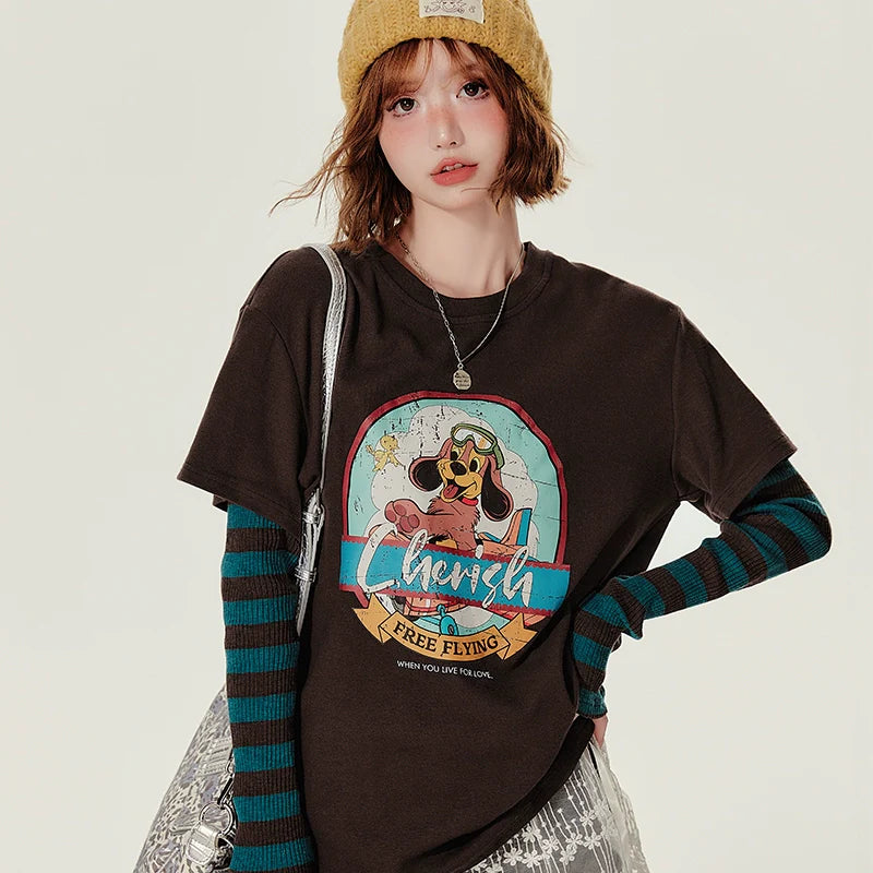 Girlyhalo Retro Fake Two-Piece Round Neck Long Sleeve T-Shirt-Color matching without lace-S-Free Shipping Leatheretro