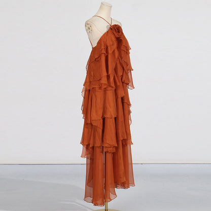 Elegant High-Society Style Dress – Off-Shoulder Backless Maxi Dress with Layered Hem