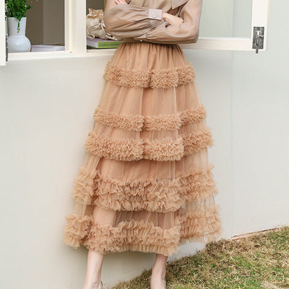Layered Tulle Skirt - High Waist Ruffled Lace Trim Semi-Formal Skirt