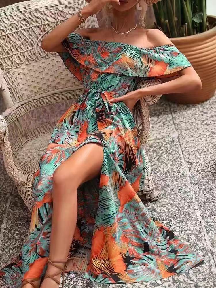 Women's Summer Off-Shoulder Ruffled Tie-Waist Dress