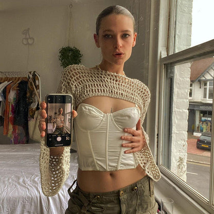 Trendy Hollow-Out Knit Crop Top – Stylish Short Sleeve Mesh Bolero for Streetweat
