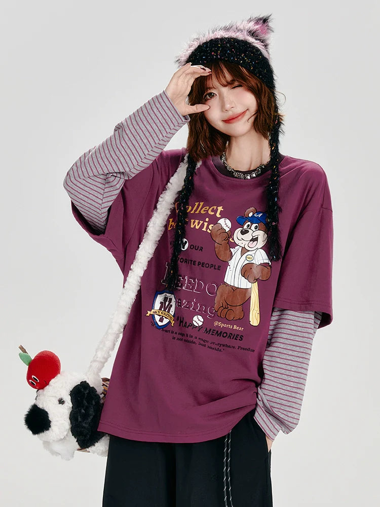 Girlyhalo Retro Two-Tone Long Sleeve T-Shirt for Women-Purple-S-Free Shipping Leatheretro