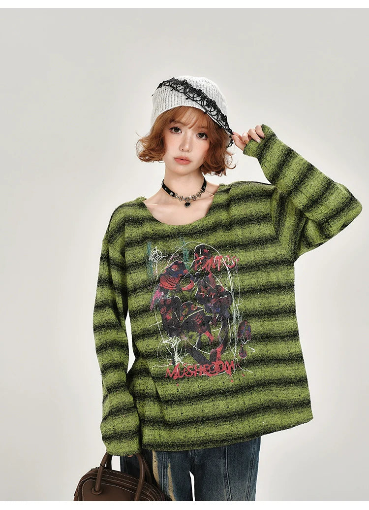 Girlyhalo Retro Green Striped Long Sleeve T-Shirt for Women-Green Striped-S-Free Shipping Leatheretro