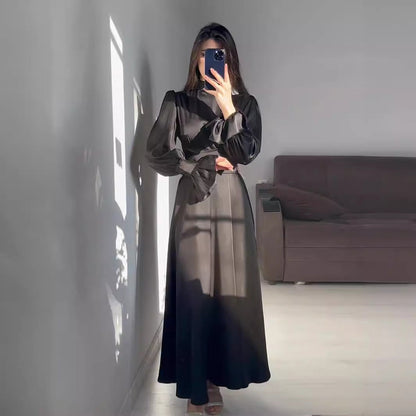 Elegant Long-sleeved Waist-tied Puff-sleeved  Women Dresses