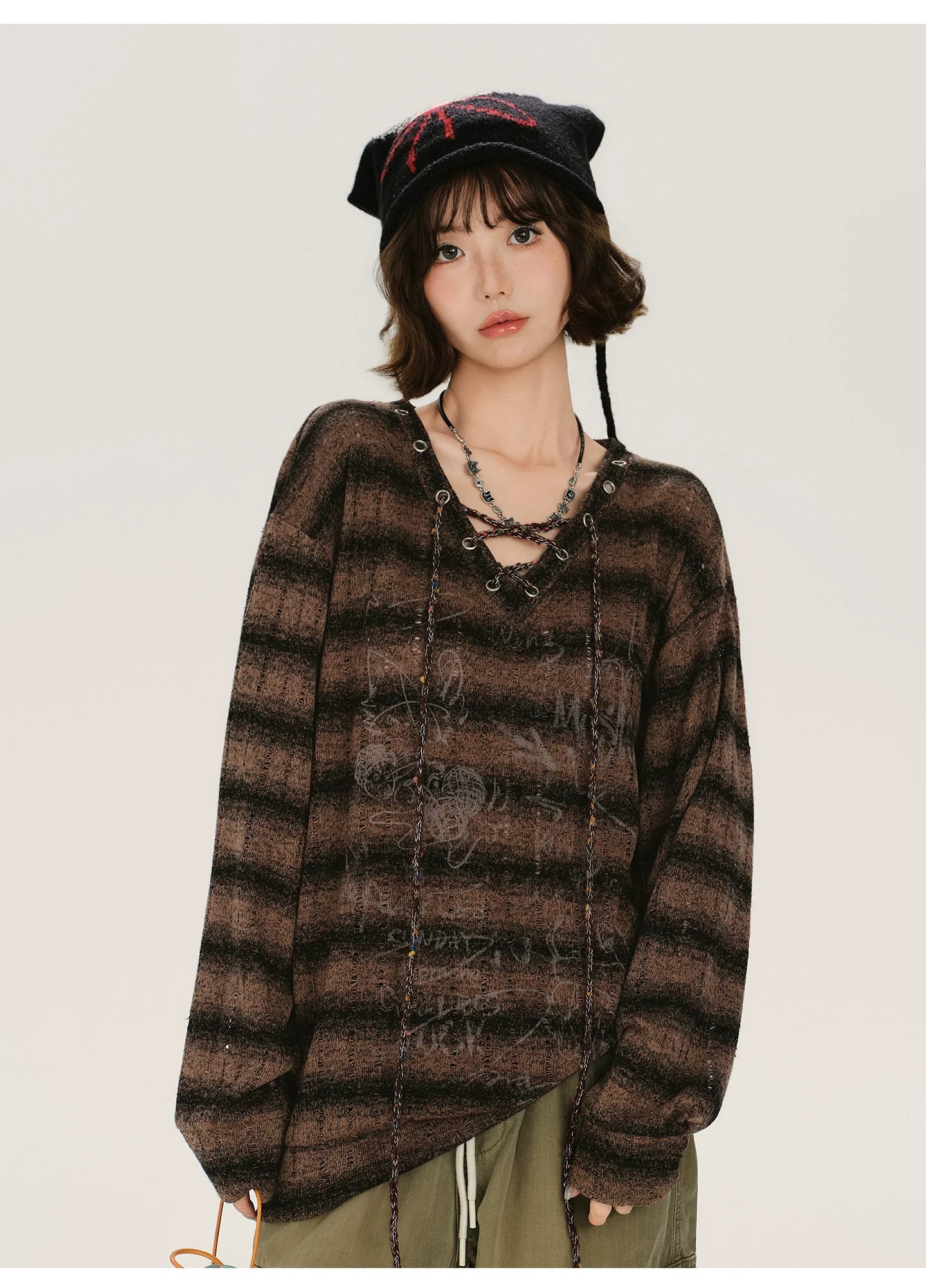Girlyhalo Retro Print V-Neck Striped Long Sleeve T-Shirt