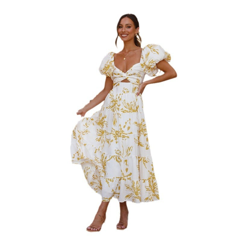 Elegant Floral Print Puff Sleeve Dress