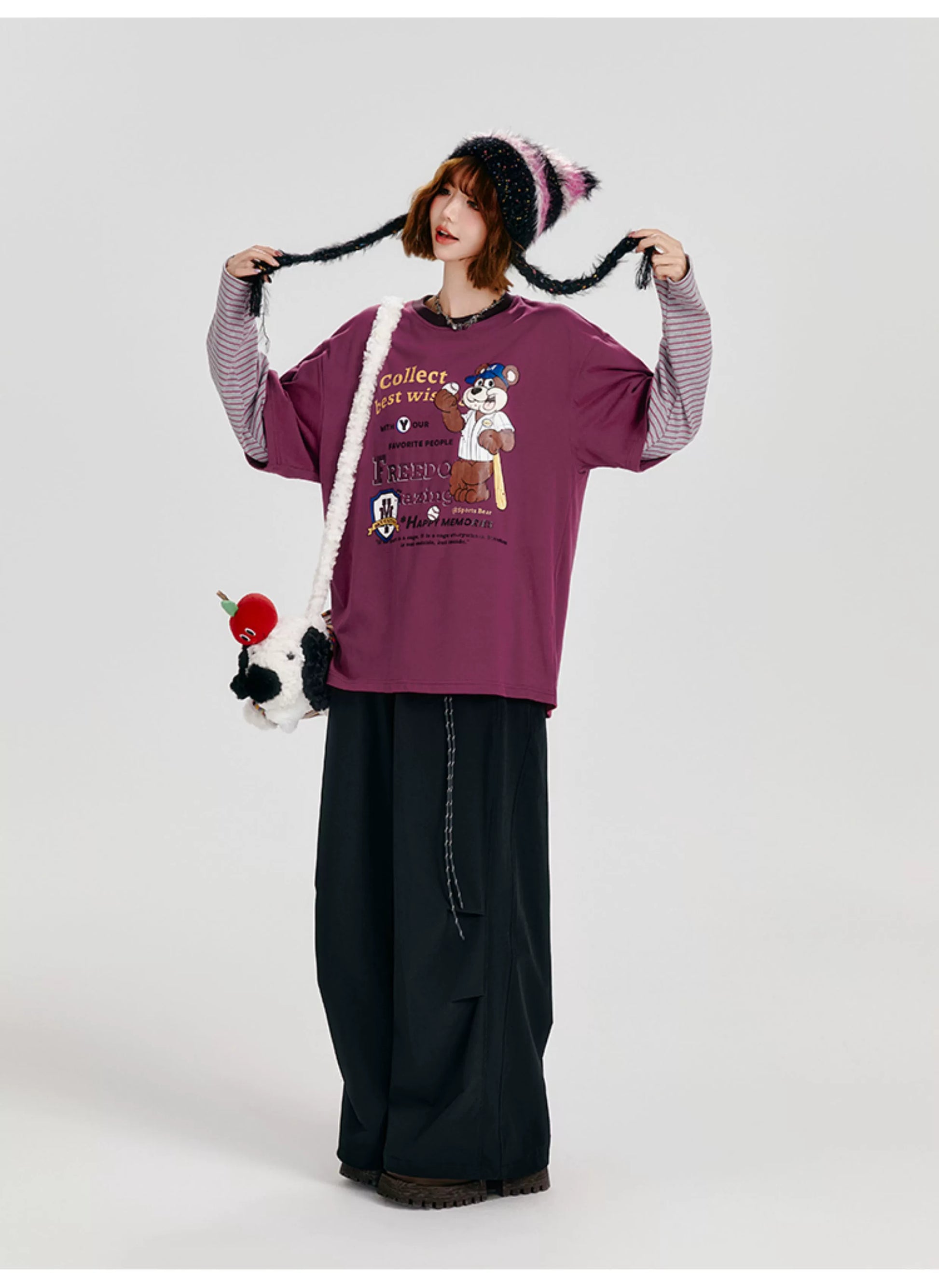 Girlyhalo Retro Two-Tone Long Sleeve T-Shirt for Women-Purple-S-Free Shipping Leatheretro