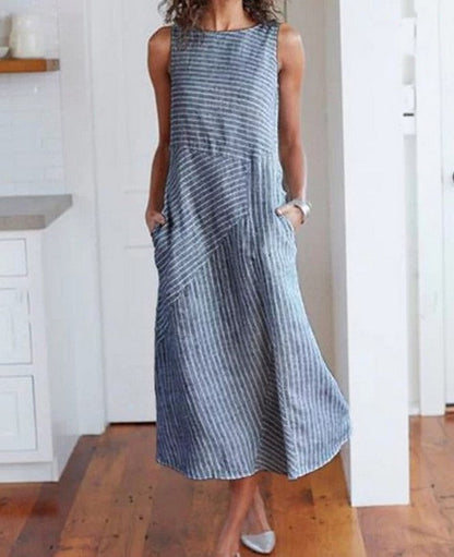 Women's Striped Sleeveless V-Neck Slim-Fit Plus Size Dress