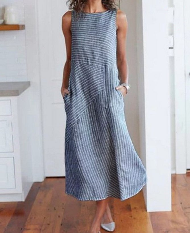 Women's Striped Sleeveless V-Neck Slim-Fit Plus Size Dress