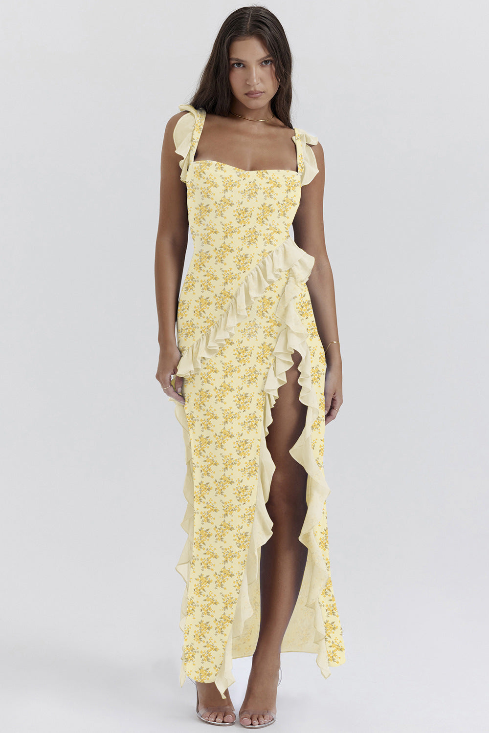 Strappy Ruffle Detail High-Slit Long Dress