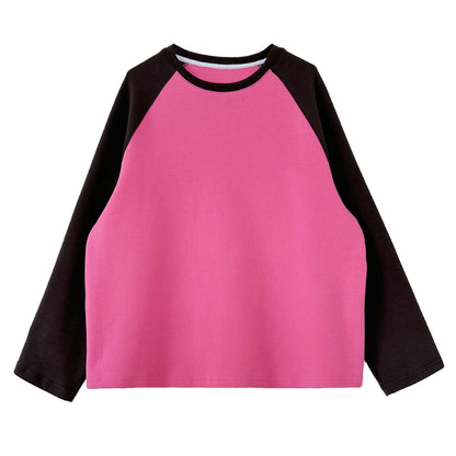 Retro Color-Block Long Sleeve T-Shirt – Oversized Graphic Sweatshirt for Women