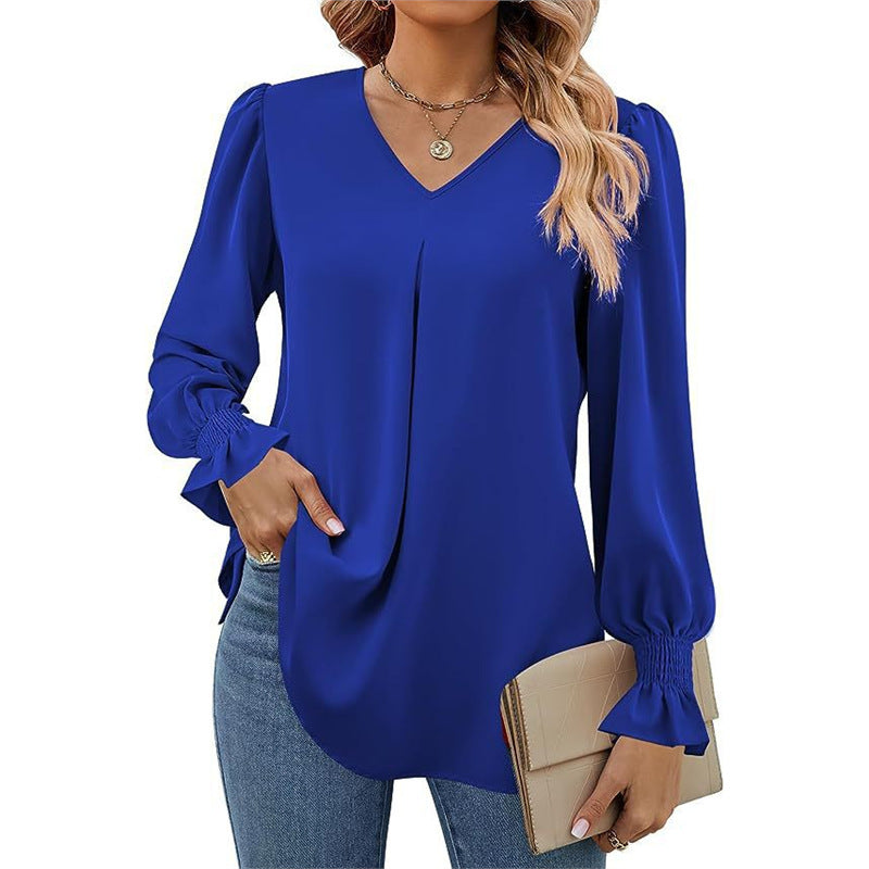 Women's Solid Color Chiffon V-Neck Bell Sleeve Blouse