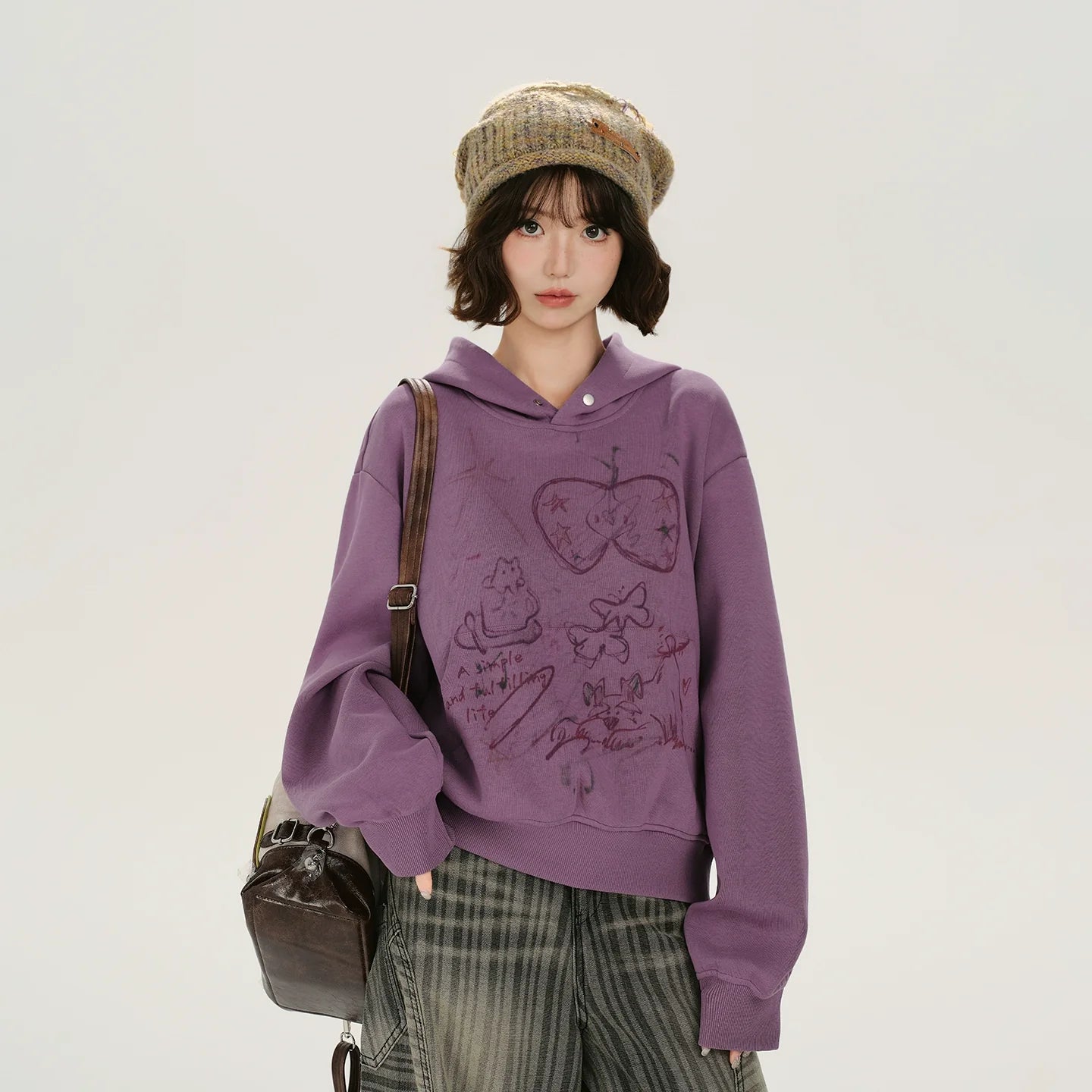 Girlyhalo Retro Print Distressed Hooded Long-Sleeve Sweatshirt