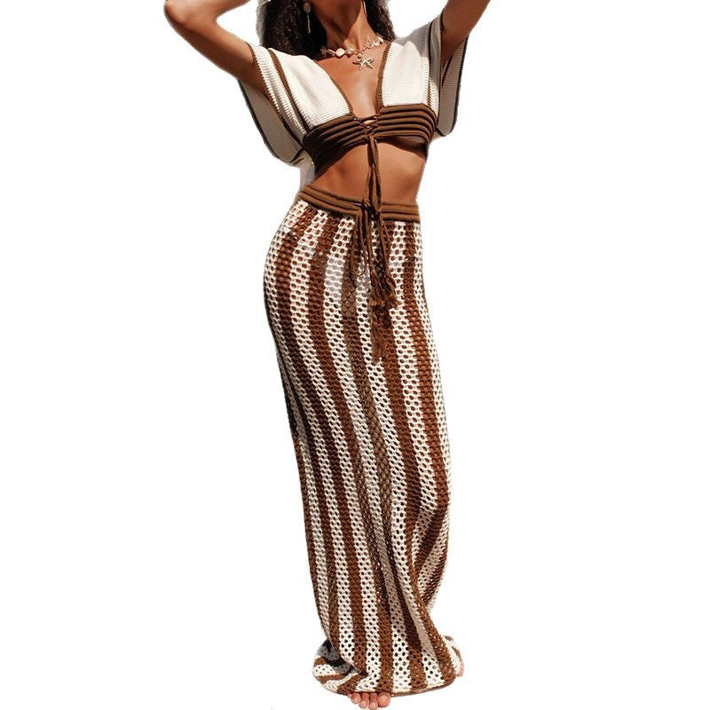 Sexy Knit Bandeau Bikini Set with Beach Cover-Up Dress