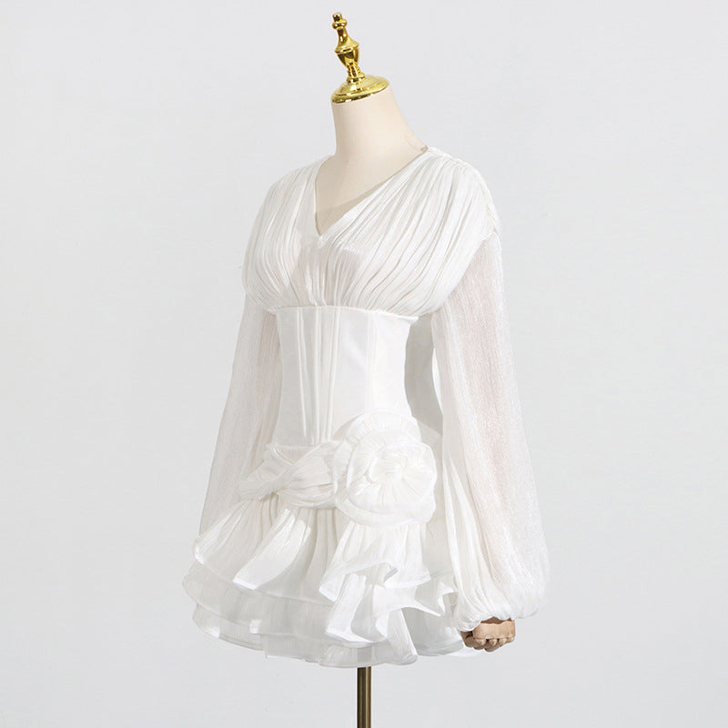 Designed Women's Summer V-Neck Puff Sleeve Short Hem Floral Ruffle Dress