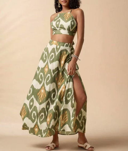 Women's Printed High-Waist Bikini Set with Sun Protection Cover-Up Skirt