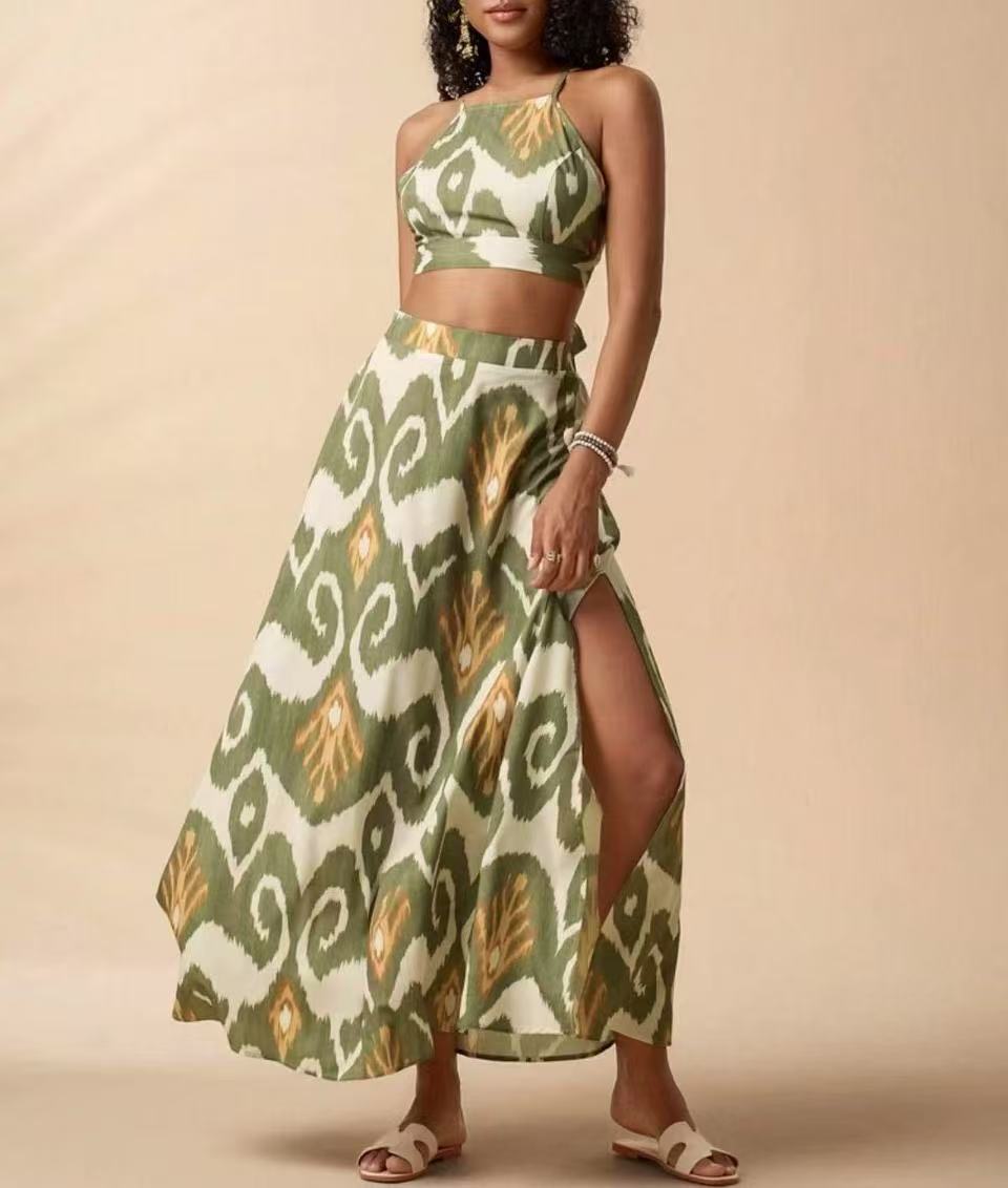 Women's Printed High-Waist Bikini Set with Sun Protection Cover-Up Skirt
