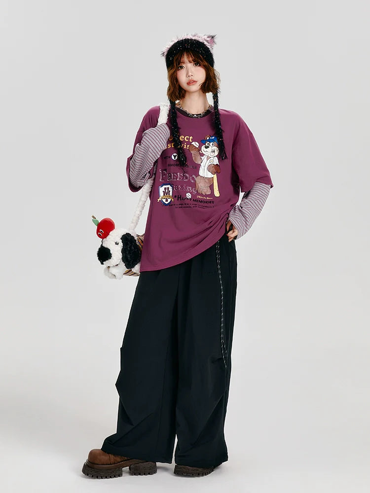 Girlyhalo Retro Two-Tone Long Sleeve T-Shirt for Women-Purple-S-Free Shipping Leatheretro