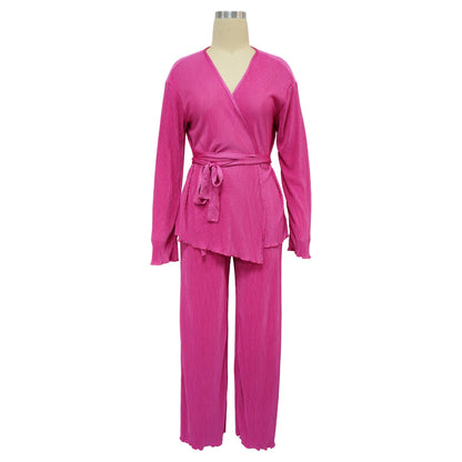Casual V Neck Long Sleeves Tops and Pants Two Pieces Suits