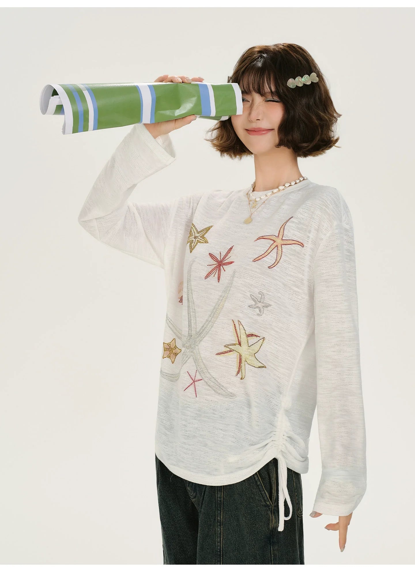 Girlyhalo Retro Print Rhinestone Long Sleeve T-Shirt
