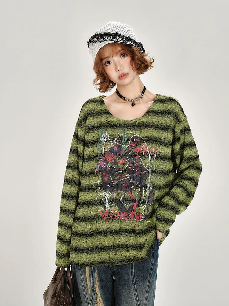 Girlyhalo Retro Green Striped Long Sleeve T-Shirt for Women-Green Striped-S-Free Shipping Leatheretro