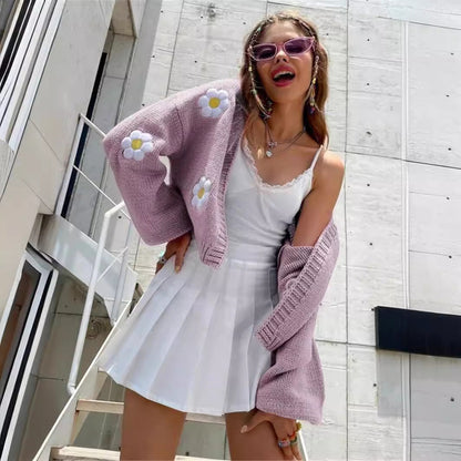 Sweety Floral Print Knitted Cardigan Sweaters